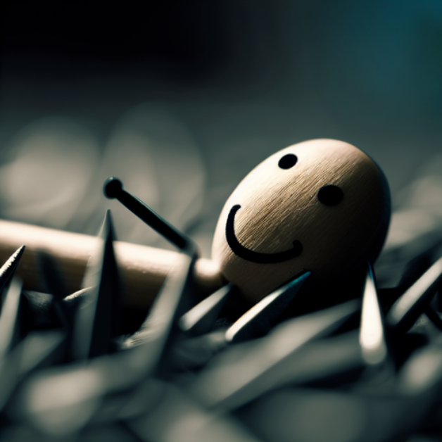 wooden stick man smiling on a bed of sharp objects