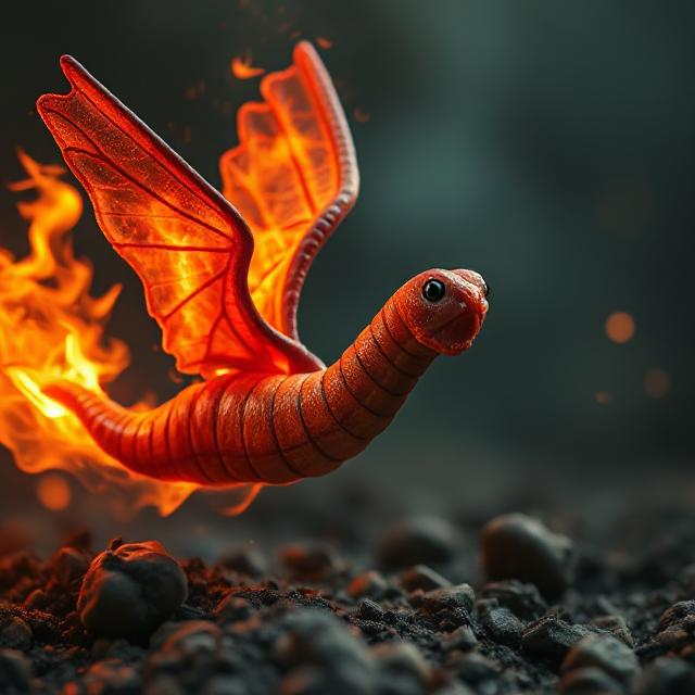 A Red winged worm that is on fire, flying low to the ground