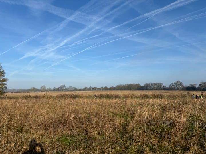 photo of grassland in the fore and mid ground and bluesky in the background with a crisscross of plane trails